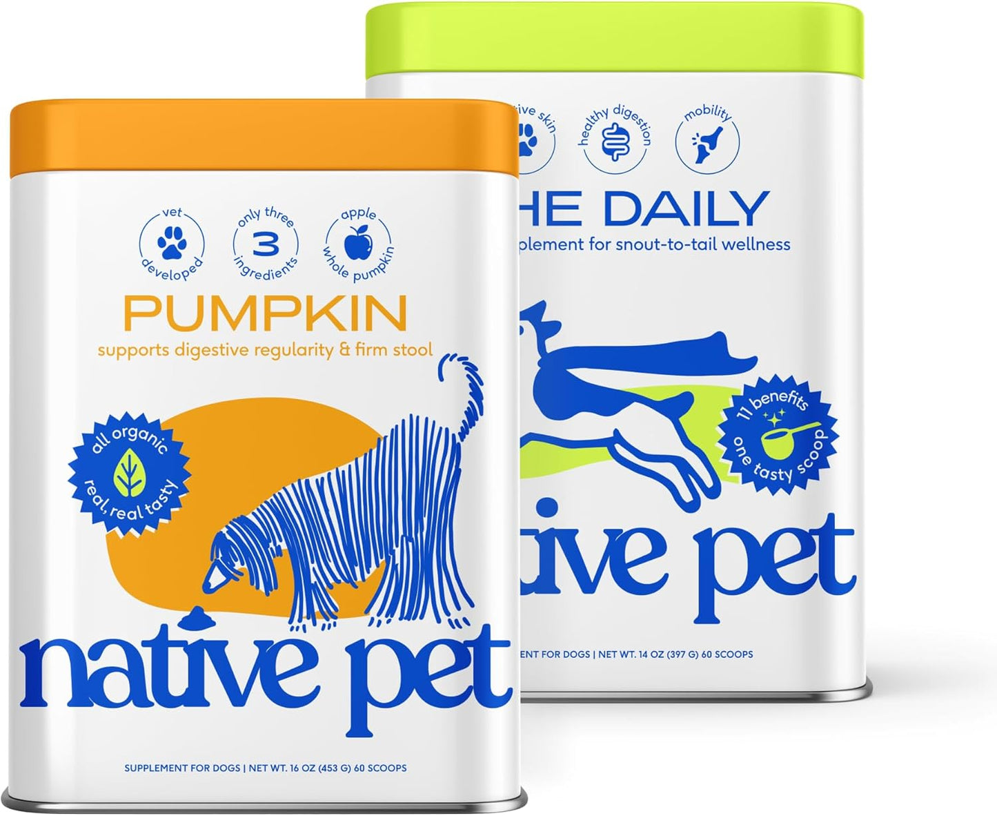 Native Pet Pumpkin for Dogs (60 Scoops) and The Daily Dog Supplement (60 Scoops) - All-Natural, Organic Pumpkin Fiber and 11 in 1 Dog Multivitamin & Supplements