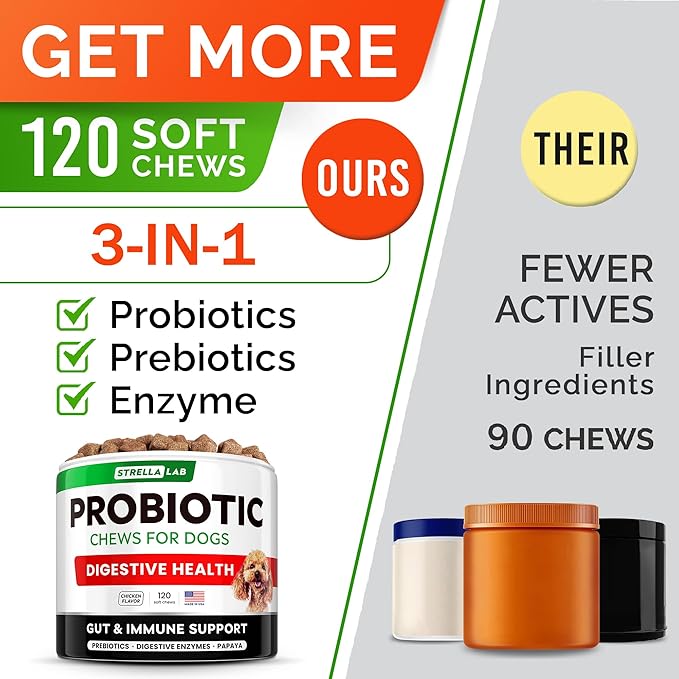 StrellaLab Pet Probiotics for Dogs & Digestive Enzymes + Digestion & Gut Health Treats, Dog Probiotics Chews, Fiber Supplement, Anti Diarrhea, Constipation, Upset Stomach&Gas Relief, Canine Prebiotic