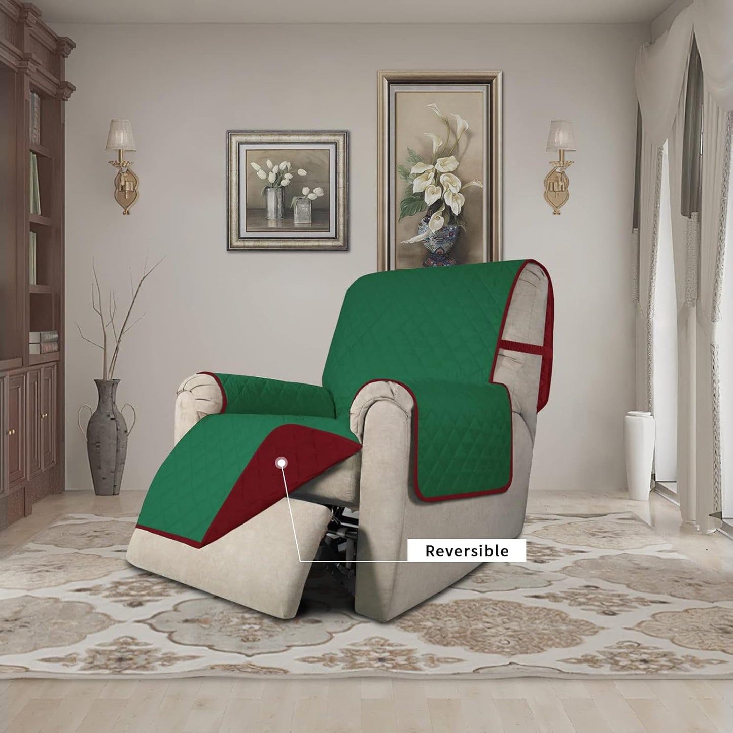 Easy-Going Recliner Chair Slipcover Reversible Sofa Cover Water Resistant Couch Cover Furniture Protector with Elastic Straps for Pets Dog (Recliner 22 inch, Green/Christmas Red)