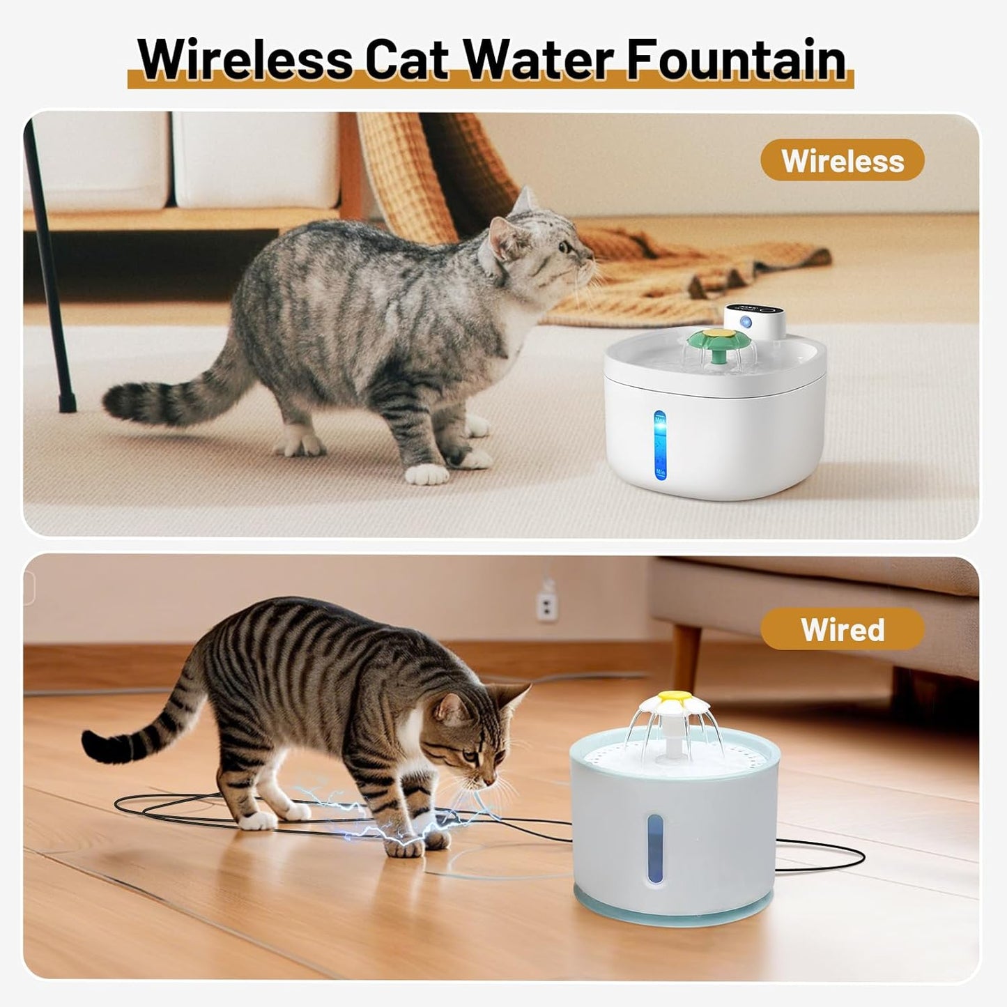 Wireless Cat Water Fountain,42000mAH Battery Operated Cordless Cat Fountain,91OZ/2.6L Automatic Pet Water Dispenser Rechargeable Drinking Fountains with Motion Sensor for Cats and Dogs