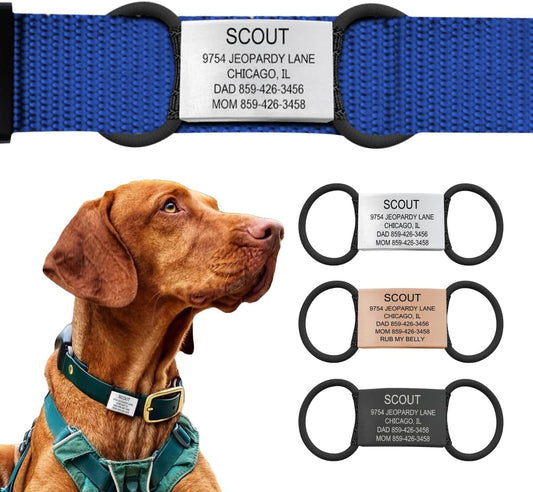 Personalized Dog Tags by ROAD iD | Silent & Durable | Jingle-Free Slide-On Design | Stainless Steel Name Tag Fits Any Collar | Multiple Colors & Sizes for Your Pet's Unique Style