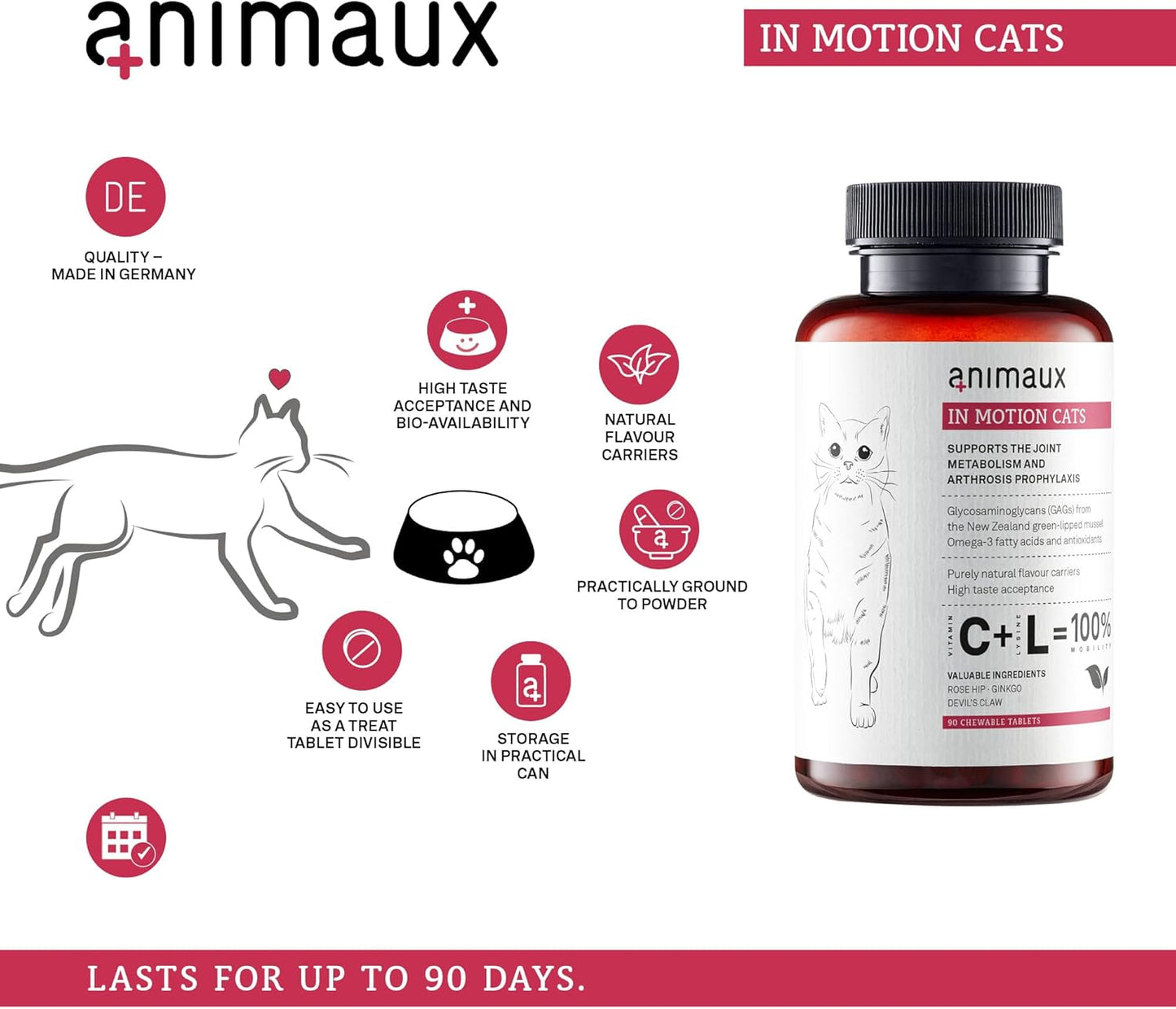 animaux - in Motion Cats, Green-lipped Mussel, Devil's Claw, Rose Hip & Ginkgo, Support for Bones, Joints, Cartilage, tendons, with Hyaluron, Collagen, 90 chewable Tablets, 90 Days Supply