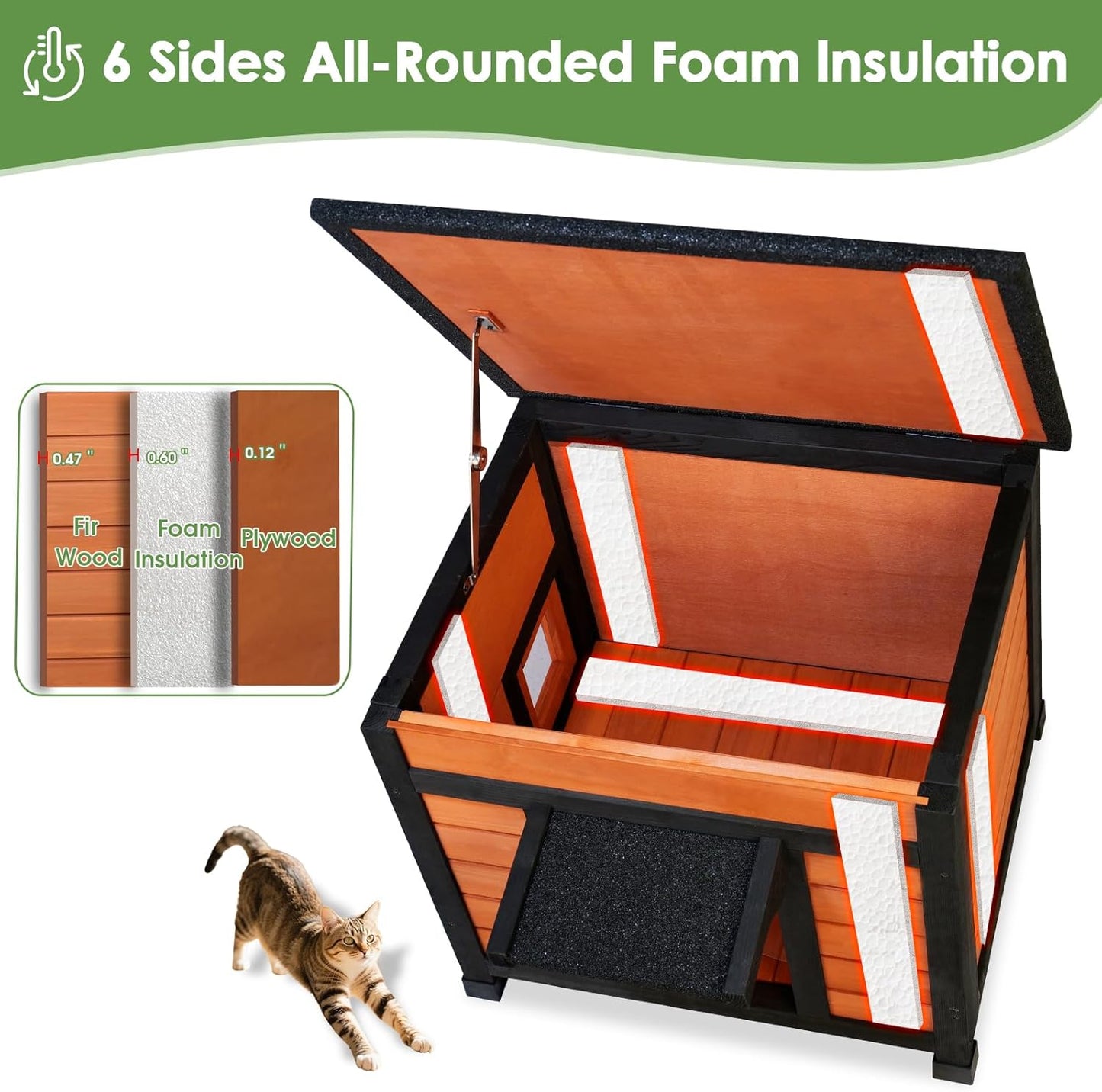 Insulated Cat House Weatherproof Outdoor/Indoor Shelter with Openable Asphalt Roof for Feral Cats & Small Pets