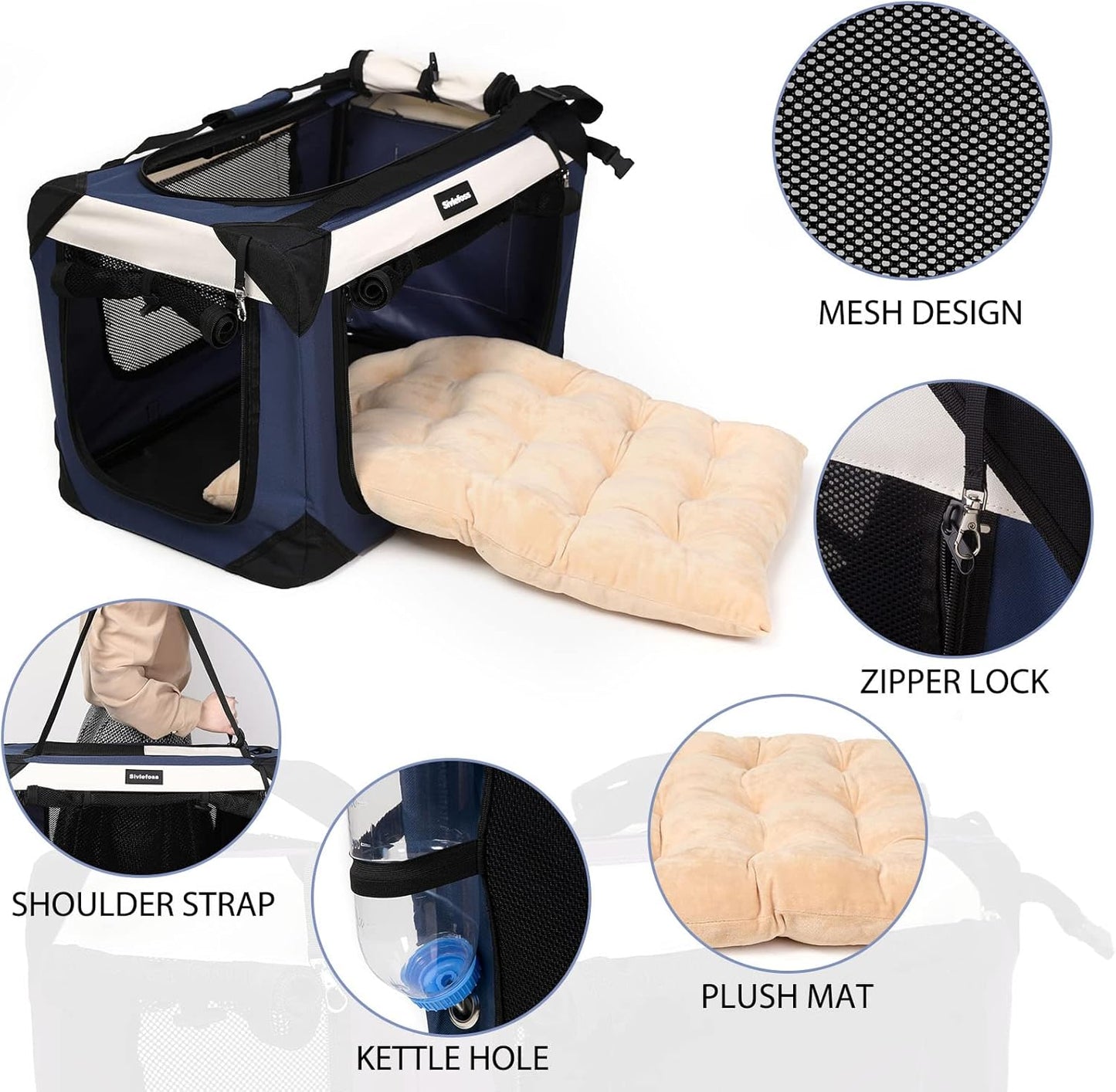 Large Cat Carrier, Collapsible Dog Travel Crate Portable Soft-Sided Pet Carrier with Super Soft Warm Plush Mat for Indoor and Outdoor 20x14x14in,Navy Blue