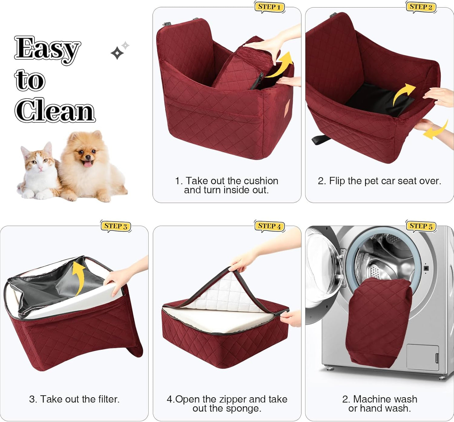 Dog Booster Car Seat for Dogs up to 35lbs, Safety Pet Car Seats with Anti-Slip Bottom, Travel Booster Dog Bed with 2 Storage Pockets (Wine Red, Medium)