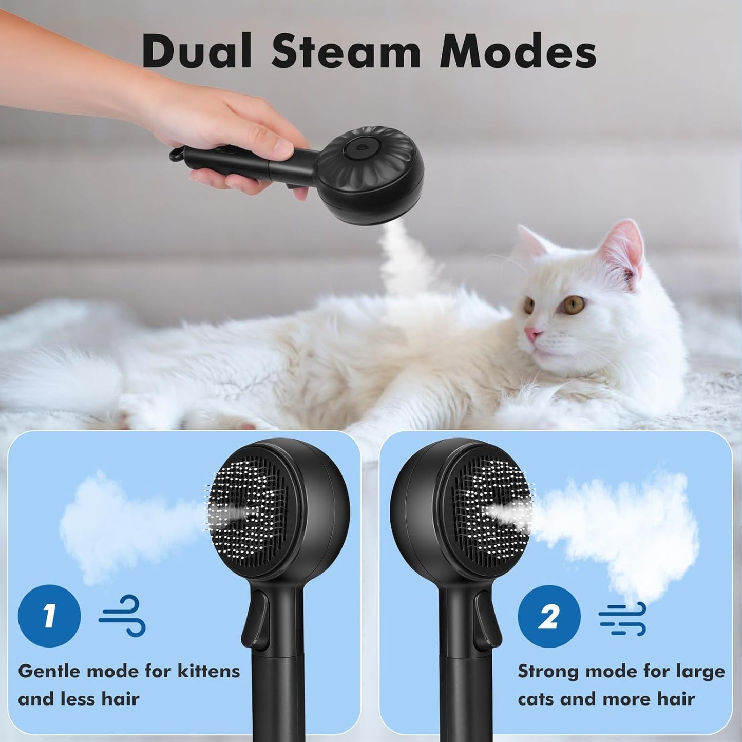 Cat Steam Brush with 2 Steam Modes for Cats Dogs Shedding, Low Noise Pet Hair Brush with One Release Button Cool Mist for Indoor Cats