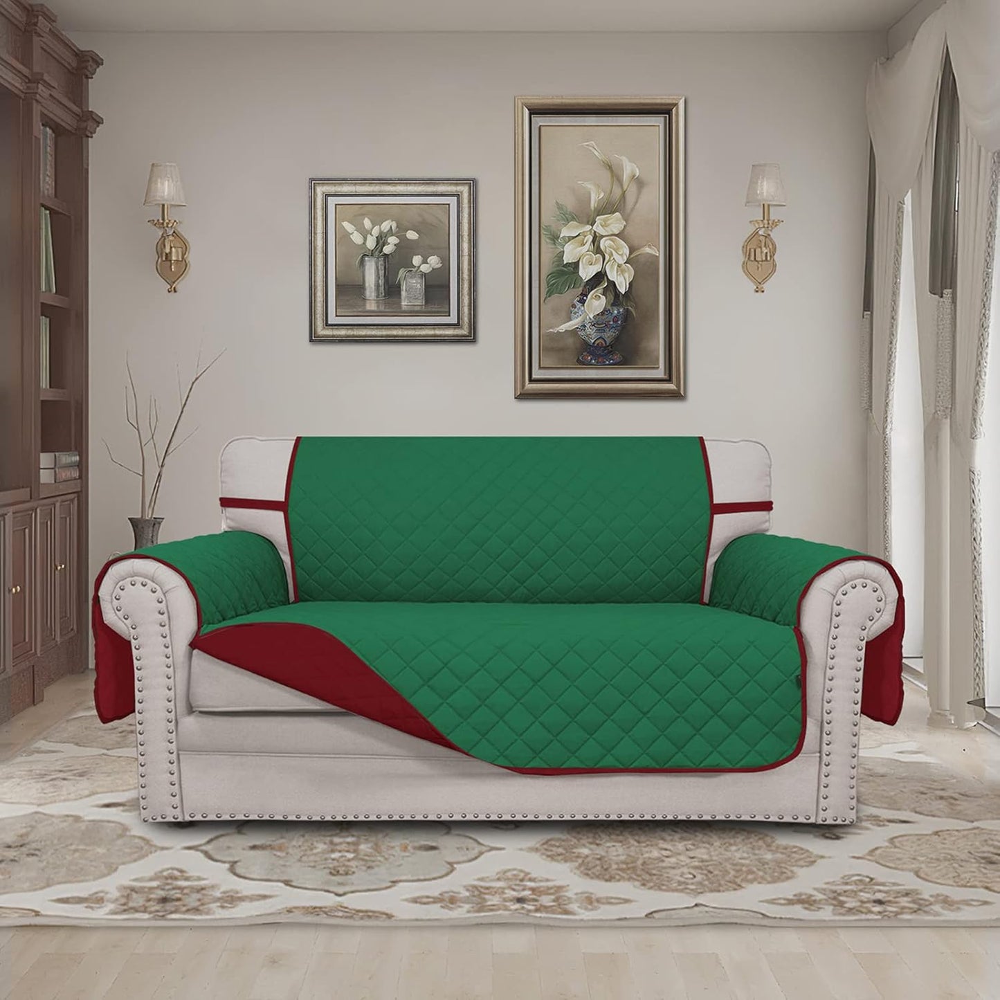 Easy-Going Reversible Loveseat Couch Cover for 2 Cushion Couch Sofa Cover for Dogs Water Resistant Furniture Protector with Foam Sticks Elastic Straps for Pet (Loveseat, Green/Christmas Red)