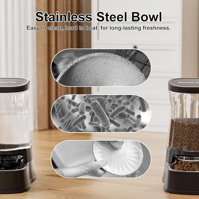 Automatic Pets Gravity Feeder and Water Dispenser Set with Stainless Steel Bowl, 1Gallon x 2 Stable Dog Food Feeder and Waterer, 100% BPA-Free for Small&Medium Dogs, Cats, Puppies(Black)