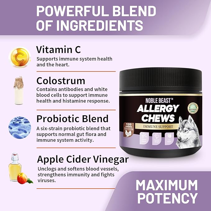 Noble Beast Dog Immune & Allergy Supplement - Itch Relief - Probiotics for Dogs - Skin & Seasonal Allergies - All Natural - Soft Chews with Hemp and Colostrum - Chicken Flavor - 120 Count