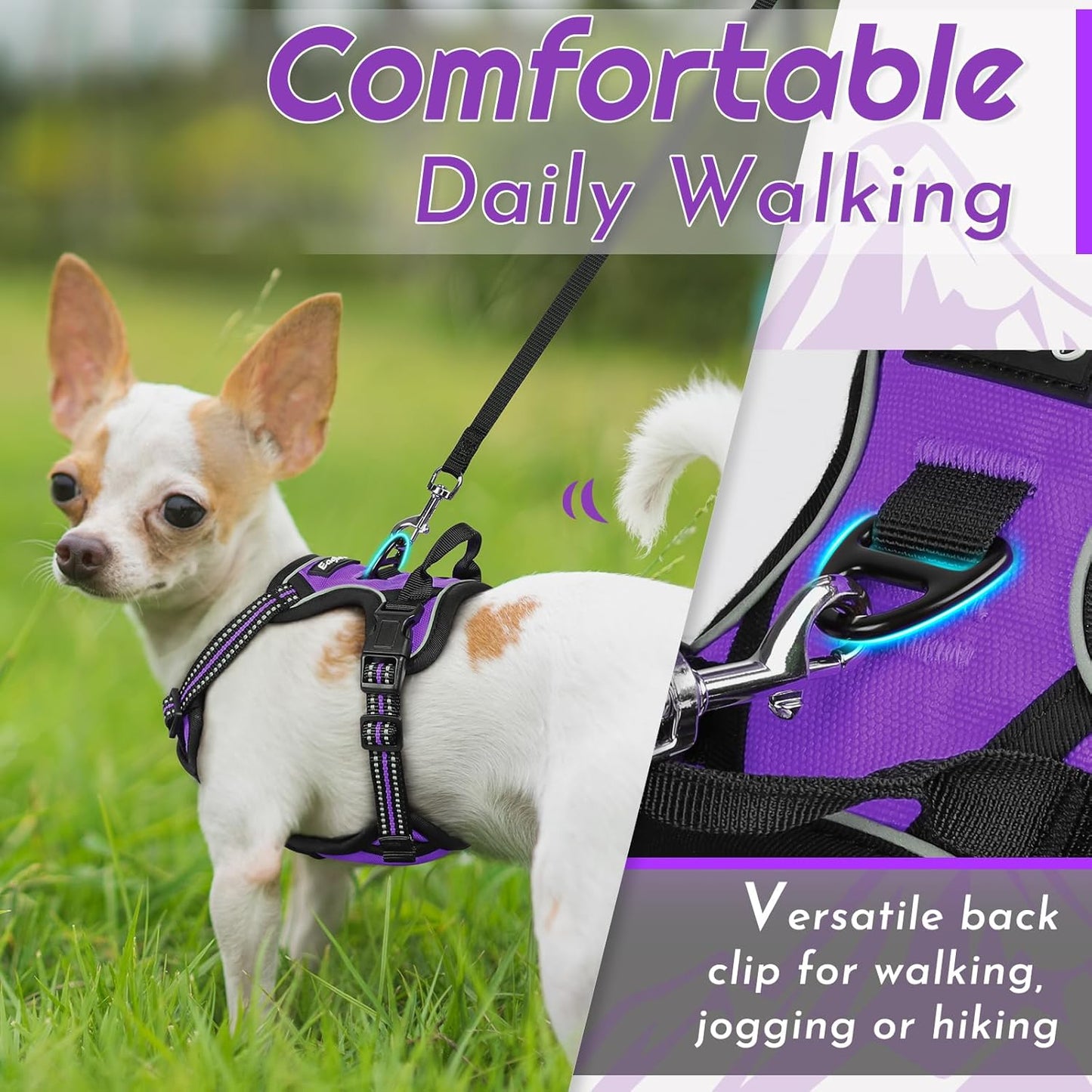 Eagloo Small Dog Harness No Pull, Service Vest with Reflective Strips and Control Handle, Adjustable and Comfortable for Walking, No Choke Pet Harness with 2 Metal Rings, Purple, XS