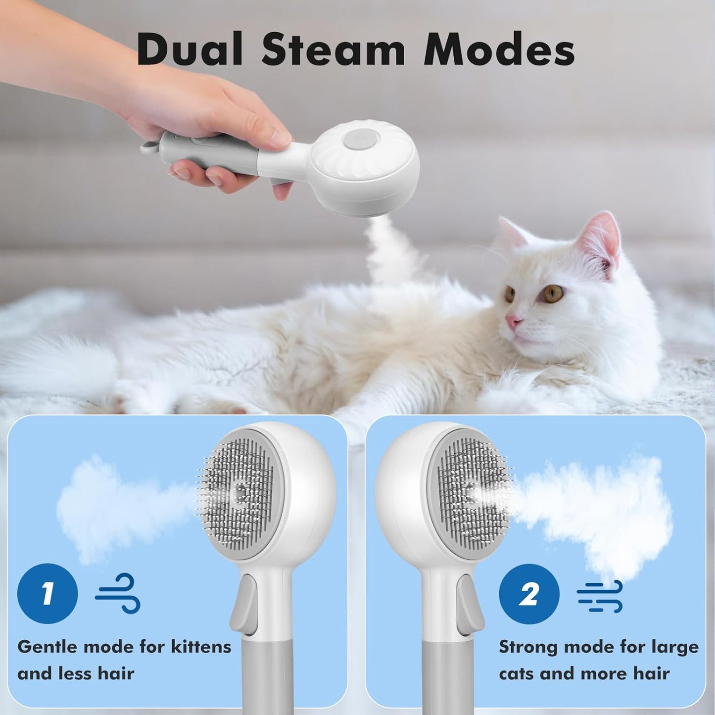 Cat Steam Brush with 2 Steam Modes for Cats Dogs Shedding, Low Noise Pet Hair Brush with One Release Button Cool Mist for Indoor Cats