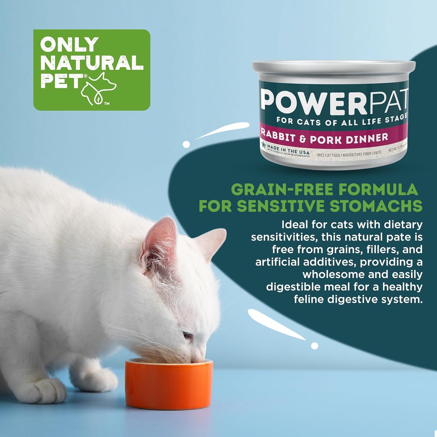 Only Natural Pet PowerPate Grain-Free Rabbit & Pork Wet Cat Food - High Protein, with Hydrating Broth - Healthy Balanced Nutrition for Kittens & Cats of All Life Stages, 2.75 oz Cans, Case of 12 (R)