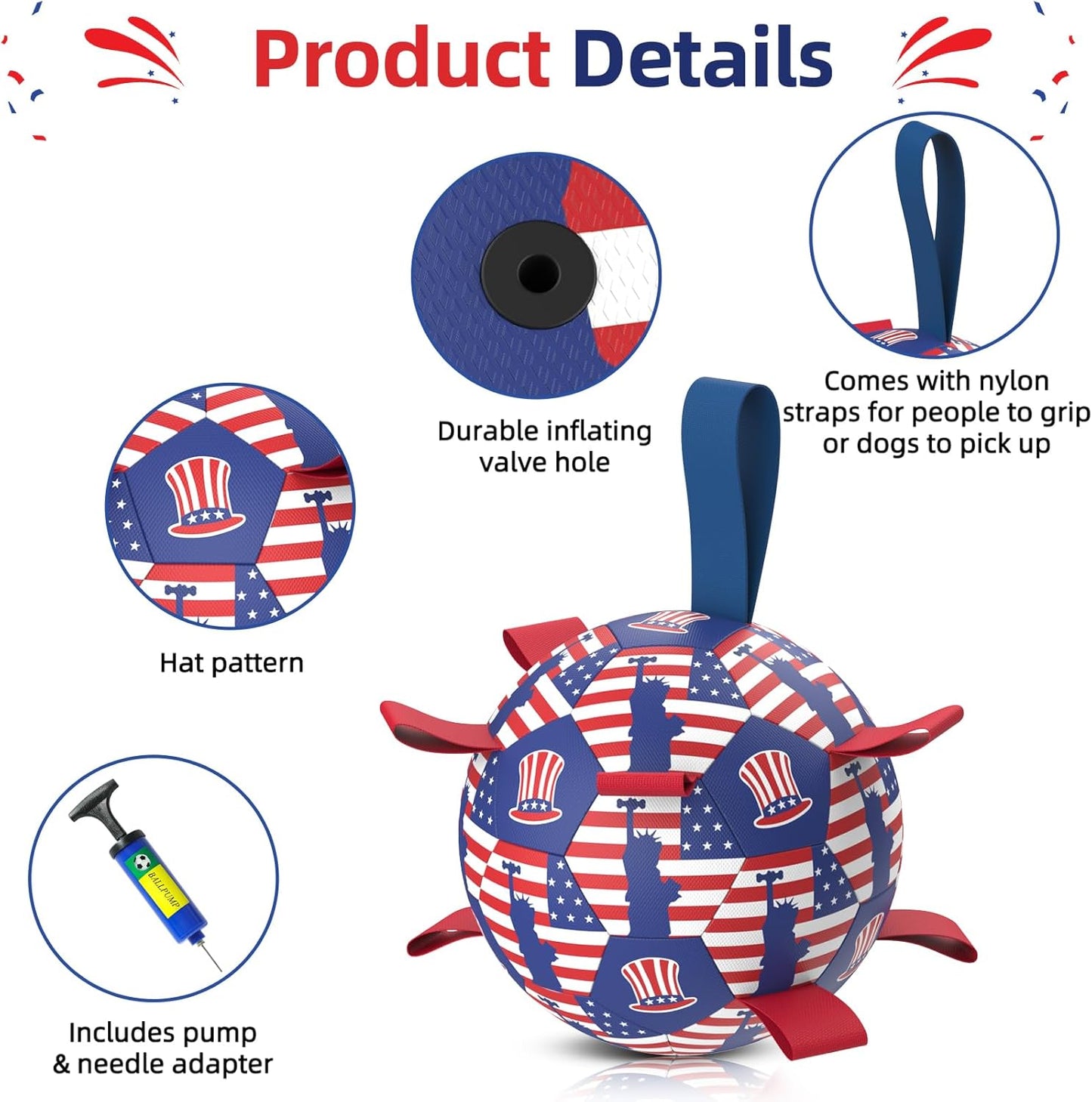 Diman Dog Toy Soccer Ball : Outdoor Dog Toys, Dog's Independence Day Gift, Dogs Soccer Ball with Straps for Tug of War, Pet Birthday Gift for Small Medium (6 Inch)