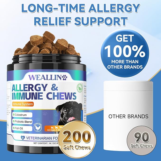 200 PCS Dog Allergy Chews, Dog Allergy Relief Chews with Probiotic Anti-Itch for Dogs - Omega 3 Fish Oil - Itching Skin Relief, Immune & Skin & Coat Support, Hot Spots, Paw Licking and Sensitivities