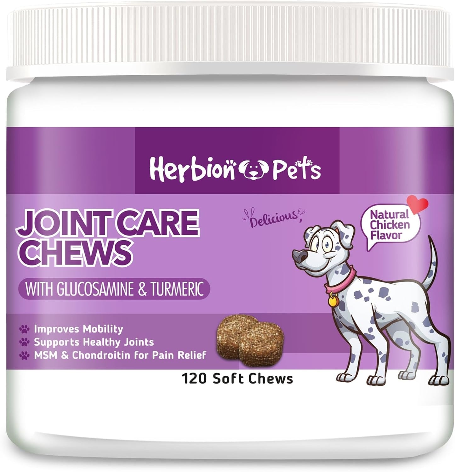 HERBION Pets Joint Care Chews with Glucosamine & Turmeric, 120 Soft Chews, MSM & Chondroitin for Pain Relief, Improves Mobility, Supports Healthy Joints, Made in USA, for Dogs 12 Weeks+, Pack of 1
