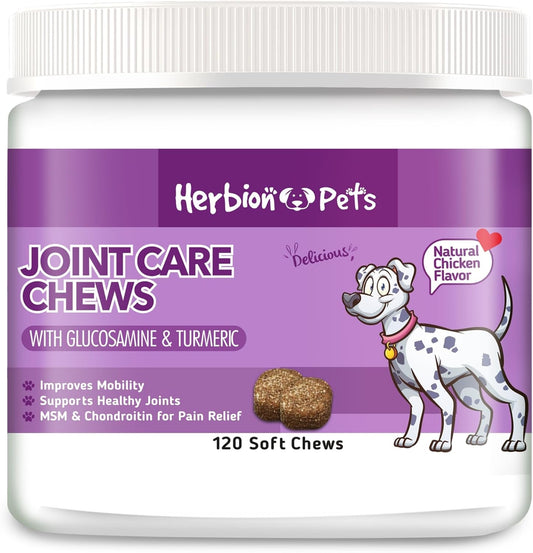 HERBION Pets Joint Care Chews with Glucosamine & Turmeric, 120 Soft Chews, MSM & Chondroitin for Pain Relief, Improves Mobility, Supports Healthy Joints, Made in USA, for Dogs 12 Weeks+, Pack of 1