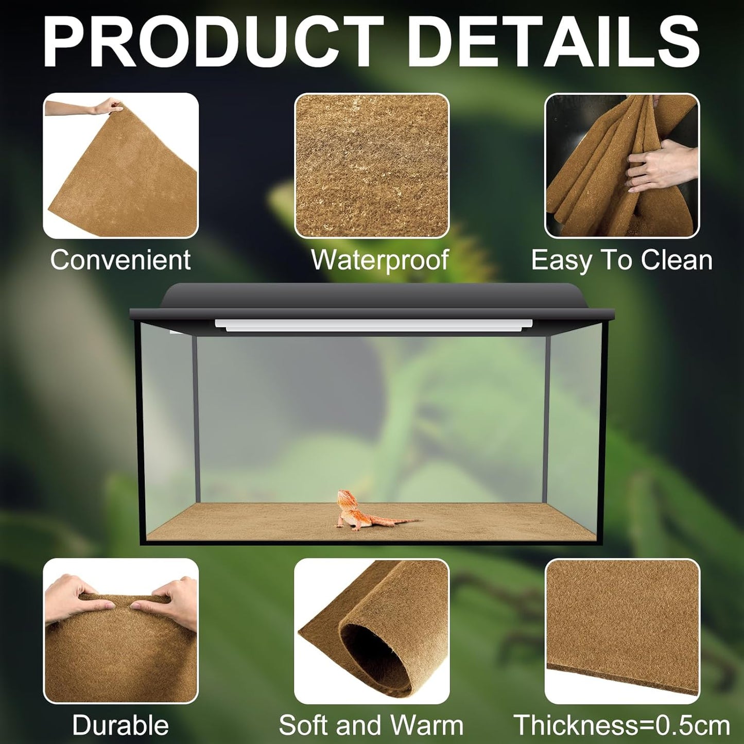 Haull 4 Pcs Reptile Carpet Pet Terrarium Floor Liners Bedding Substrate Liner Supplies Reptile Cage Mat Tank Accessories for Lizard Bearded Dragon Tortoise Snake Leopard (47 x 24 Inch, Coffee)