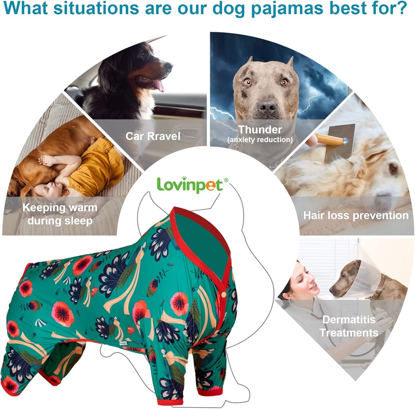 LovinPet XL Doggie Pajamas for Large Dogs, Pet Anxiety Relief Shirt, UV Protection Dog Clothes, Comfy Lightweight Fabric, Turquoise Peacock Prints,Large Dog Pjs, Pitbull Clothes, Green XL
