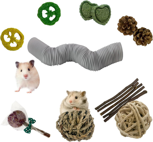 Hamster Fun Tunnels,Guinea Pigs Tunnel with,2Pcs Small Animal Folding Tube Guinea Pigs Training Hideout Tunnel 15 Pcs Pet Chew Toys for Chinchillas Rats Gerbils （Grey ）