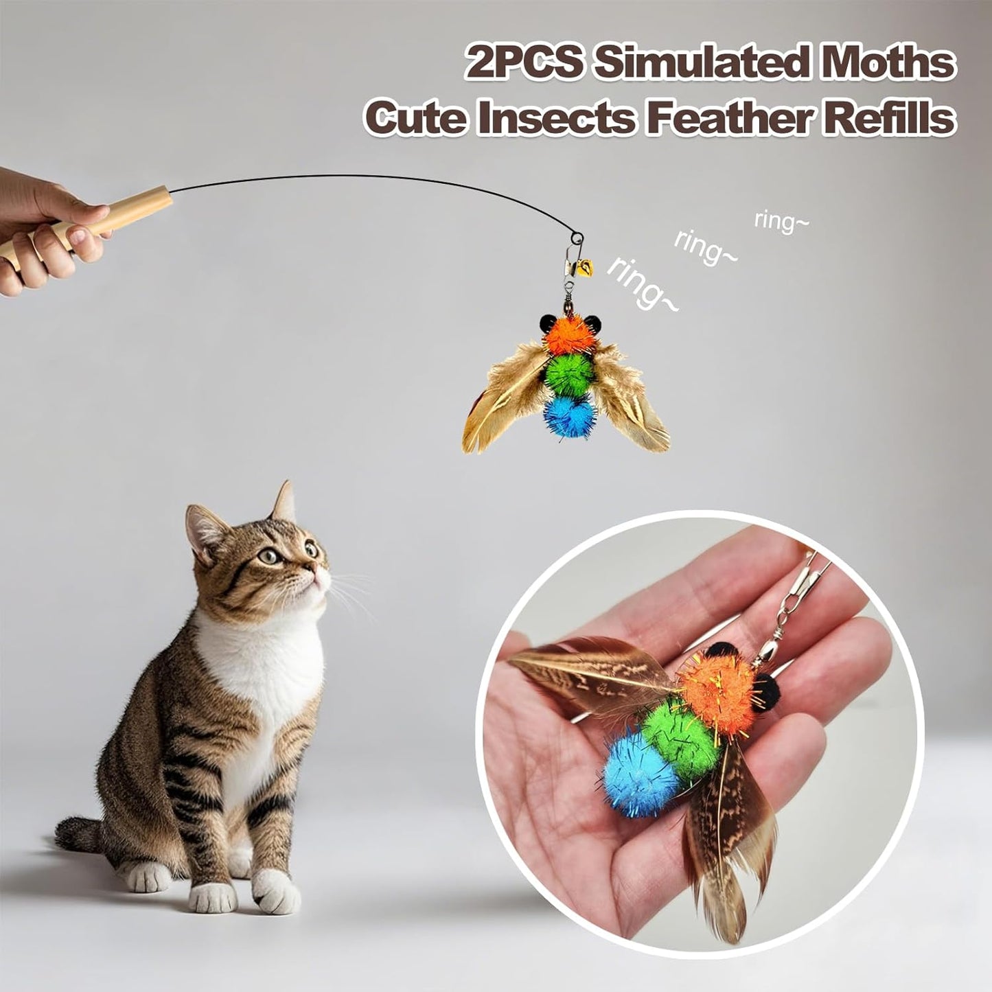 Kingtree Cat Teaser Toys, 8 Pack Feather Wand Cat Toys with 6Pcs Replacement Feathers Insects & 2Pcs Flexible Steel Wire Teaser Wands, Interactive Pet Feather Toys with Bells for Play Chase Exercise