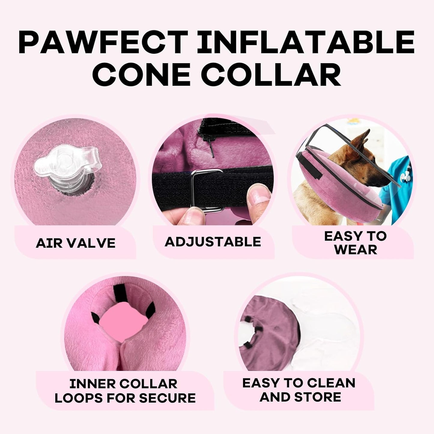 Inflatable Dog Cone Collar-Enhanced Anti-Licking Protective Cone with Adjustable Strap-Soft Dog Donut Collar Recovery Cone for Pets After Surgery(Pink, L)