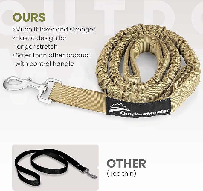 OutdoorMaster Bungee Dog Leash, Heavy Duty Dog Leash with Shock Absorption, 2 Padded Handles Training Leash, Improved Dog Safety and Comfort (Tan, 4 FT)