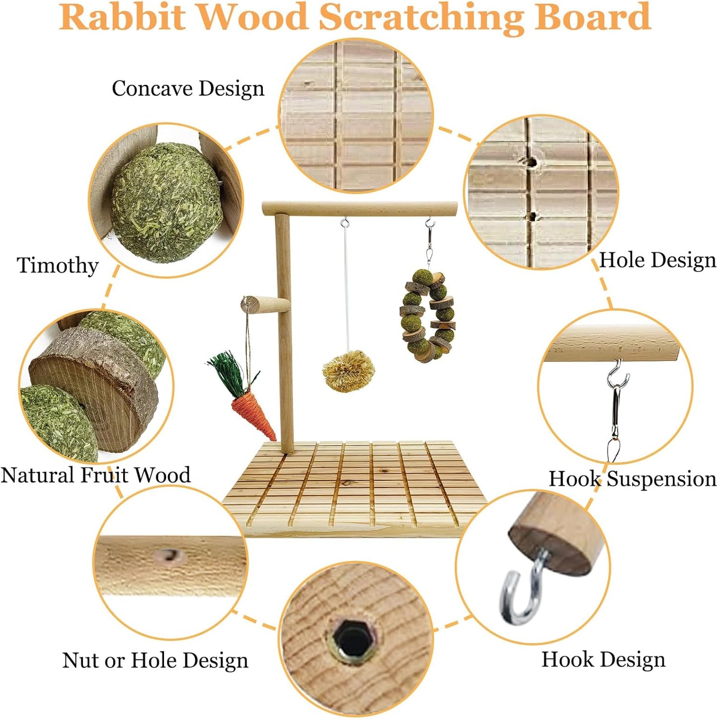 Hamiledyi Rabbit Wood Scratching Board Bunny Claws Teeth Chew Toys Natural Fruit Wood Rabbit Toys Grass Timothy Ball Feet Pad Platform Guinea Pigs Chinchilla Hamsters Other Rodent Pets