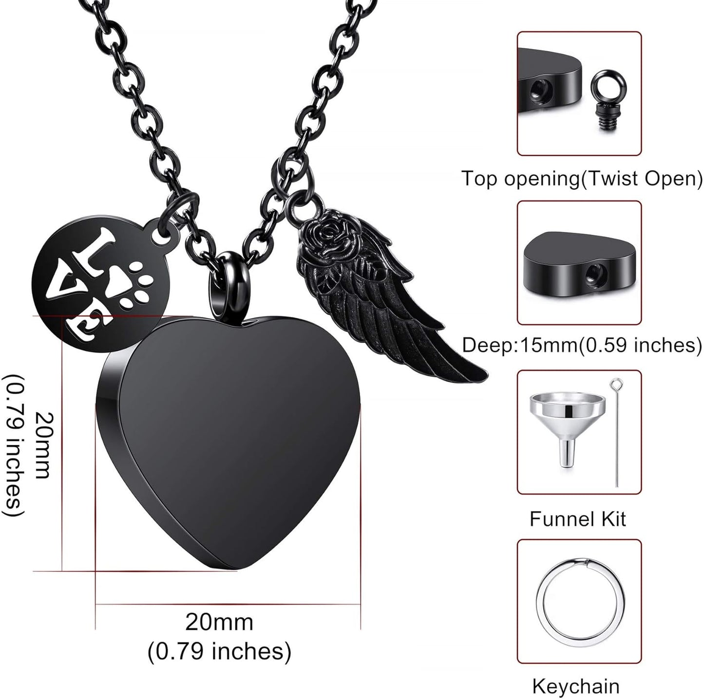 MeMeDIY Personalized Heart Paw Print Ashes Urn Pendant Necklace Custom Name/Photo/Date for Women Men Pet Lover Stainless Steel Memorial Dog Cat Pet Keepsake with Funnel Fill Kit Angel Wing