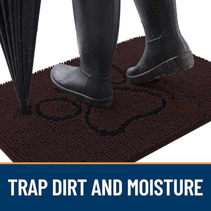 OLANLY Door Mat for Muddy Dog Paws 48x30, Absorbent Chenille Mud Doormat with Paw Print Design, Non-Slip Washable Doormat for Indoor Entryway, Quick-Dry Pet Bed Mats for Dirty Dogs, Brown and Black