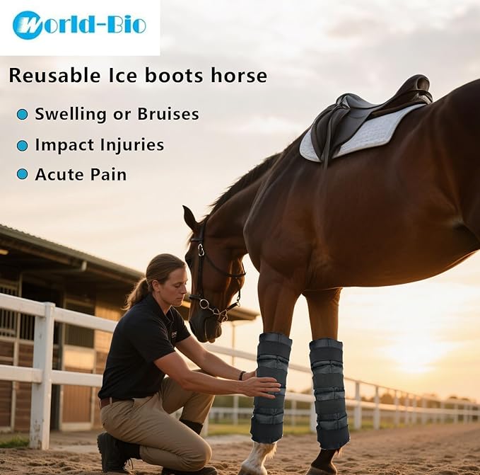WORLD-BIO Horse Ice Boots (2pcs)/Horse Ice Pack for Injuries/Swelling, Horse Leg Ice Wraps with Flexible Straps for Horse Hock, Ankle, Knee, Legs&Horse Hooves,& Horse Gift Ideas for Horse Lovers-Black