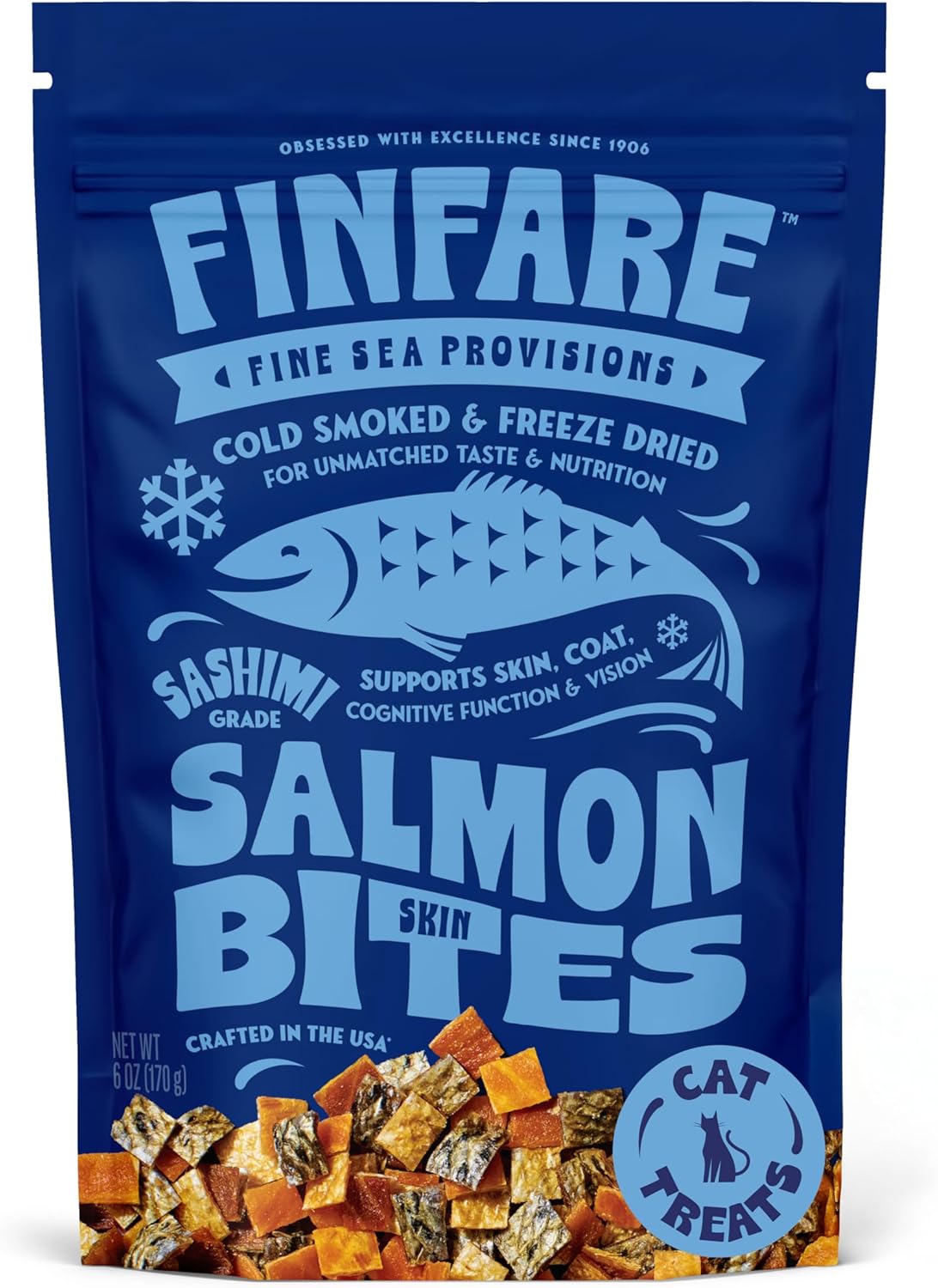 Finfare Freeze Dried Salmon Skin Bites, Grain Free Crunchy Salmon Cat Treats, High Protein & Omega-3s for Skin & Coat Health, Crafted in USA, 6oz
