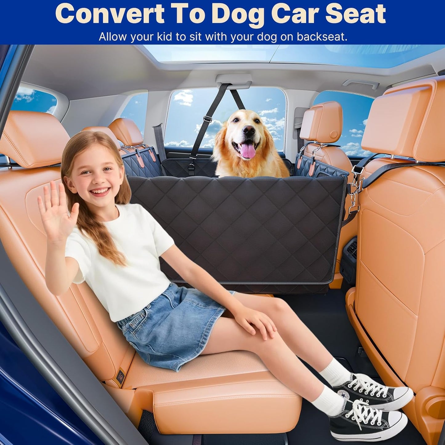 Convertible Back Seat Extender for Dogs, Foldable 400lb Hard Bottom Dog Car Seat Cover for Back Seat, Waterproof Dog Hammock Bed Backseat Cover for Dogs in Car SUV Truck Pet Seat Cover Black XL