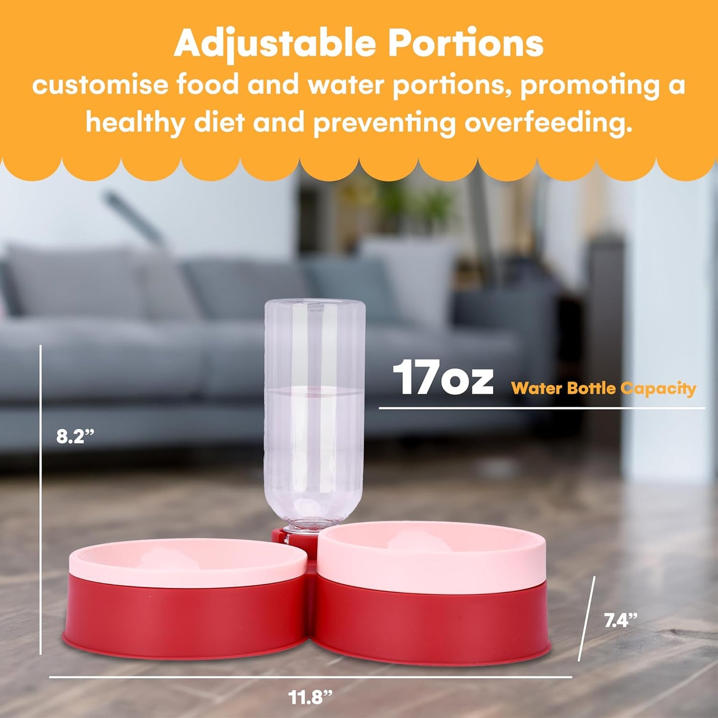 Noa Store Pet Food and Water Dispenser - 2 Removable Bowls - Gravity-Fed Drinking System for Cats and Dogs - 12x7x8 inches - Easy-to-Clean Feeder - Continuous Water Flow - Cat Feeding Station - Pink