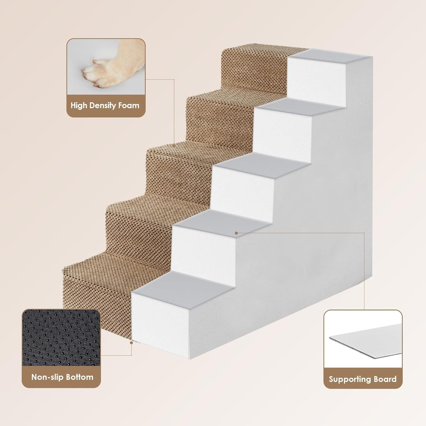 EHEYCIGA Dog Stairs for High Bed 22.5" H, 5-Step Dog Steps for Bed, Pet Steps for Small Dogs and Cats, Non-Slip Balanced Pet Ramp Indoor, Camel