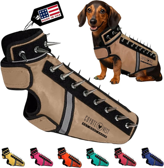 CoyoteVest SpikeVest Dog Harness Vest for Small Dogs, Reflective Dog Vest with Spikes to Shield Your pet from Coyotes, Raptor and Animal Attacks, Anti Hawk Vest, Made in USA (XS-Texas Tan)