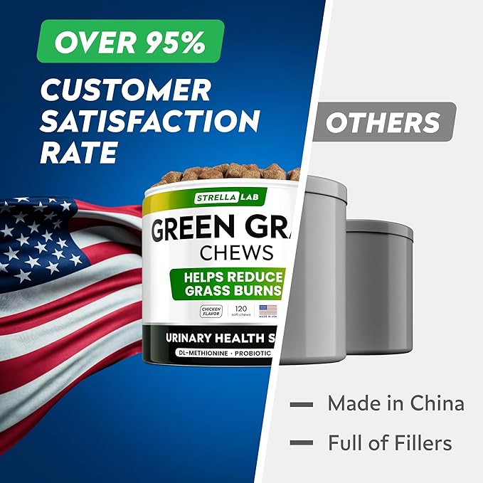 STRELLALAB Green Grass Dog Chews - Dog Pee Grass Helper - Supplement Urine Neutralizer for Grass Burn Spots - Grass Treatment for Pet Urine - Pee Lawn Repair Treats with Probiotics - Made in USA