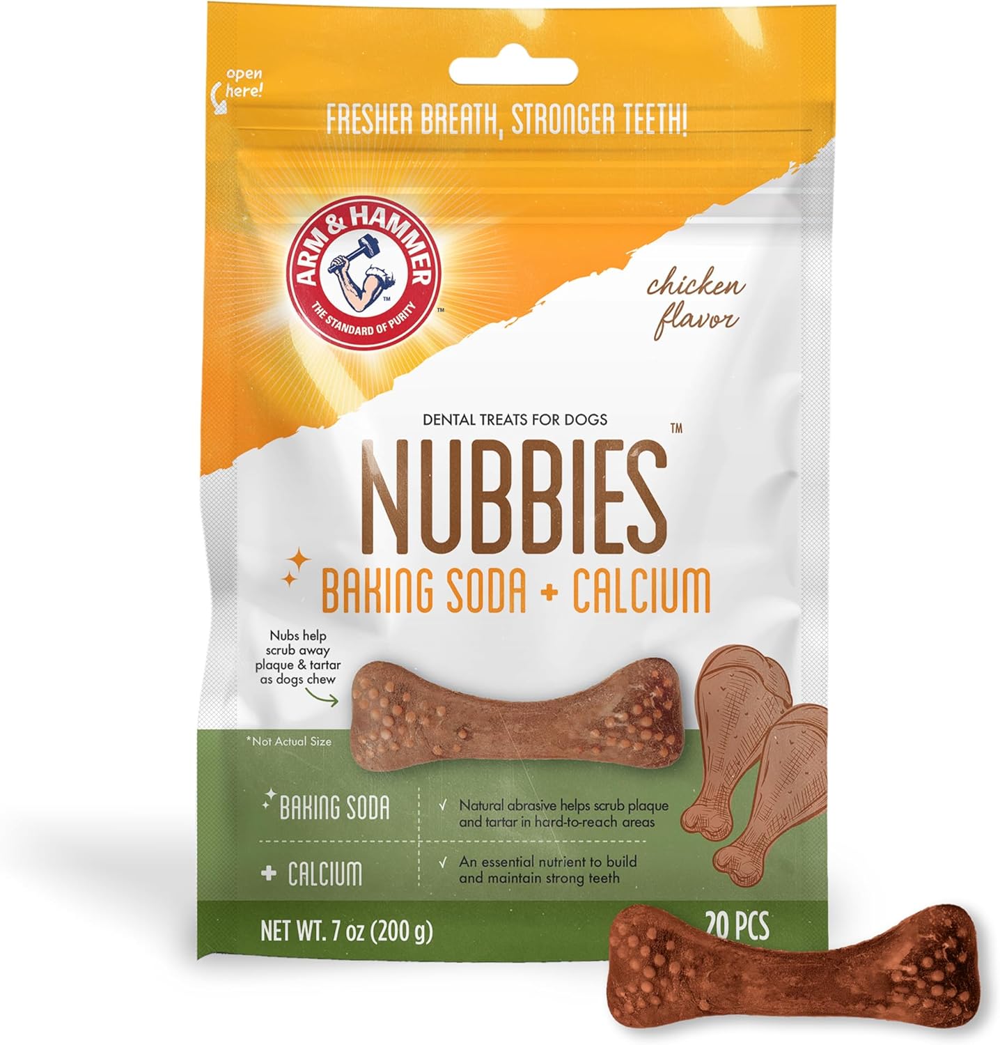 Arm & Hammer for Pets Nubbies Dental Treats for Dogs with Baking Soda & Calcium, Treat Chews Help Fight Bad Breath, Plaque & Tartar without Brushing, Chicken Dog, Sm Size, 20 Pcs (Packaging may vary)