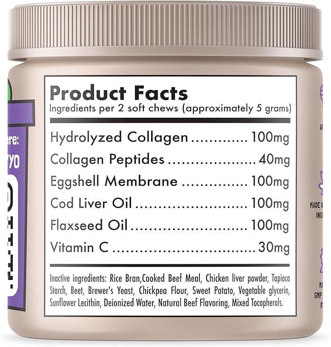 Collagen Dog Chews for Joint & Skin Health 120 Soft Chews All Breeds Mobility, Cartilage Repair & Pain Relief Hip & Joint Skin Coat Anti-inflammatory Support Eggshell Membrane Senior & Adult Dogs