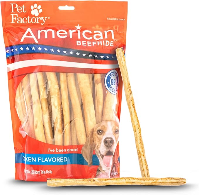Pet Factory American Beefhide 10" Thin Rolls Dog Chew Treats - Chicken Flavor, 35 Count/1 Pack