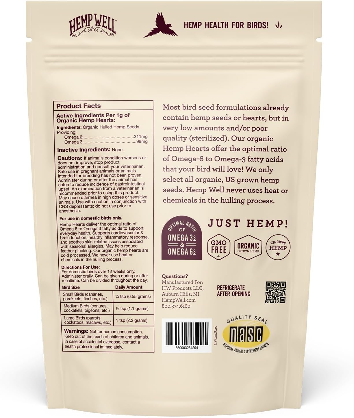 Hemp Well Organic Hemp Hearts –Reduces Feather Plucking, Promotes Relaxation, Immune Support, Organically Sourced, USA Grown, GMO Free – 1 Pound Bag