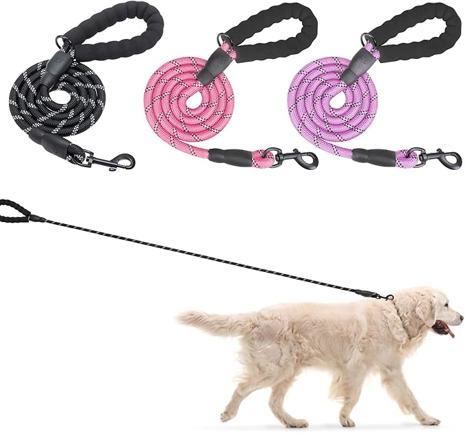 BEAUTYZOO Heavy Duty Rope Dog Leash 3 Pack, 6FT Nylon Pet Leash with Reflective Thread, Soft Padded Handle Thick Lead Strong Dog Leashes for Large Medium Dogs Small Puppy Training 6'*1/2 inch