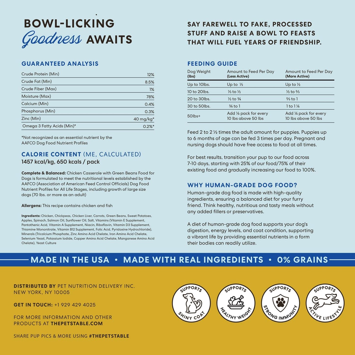 The Pets Table Human-Grade Chicken Casserole Fresh Dog Food, Dog Food Topper or Complete Meal, 6 Count of 16-oz Pouches, 5.9lbs