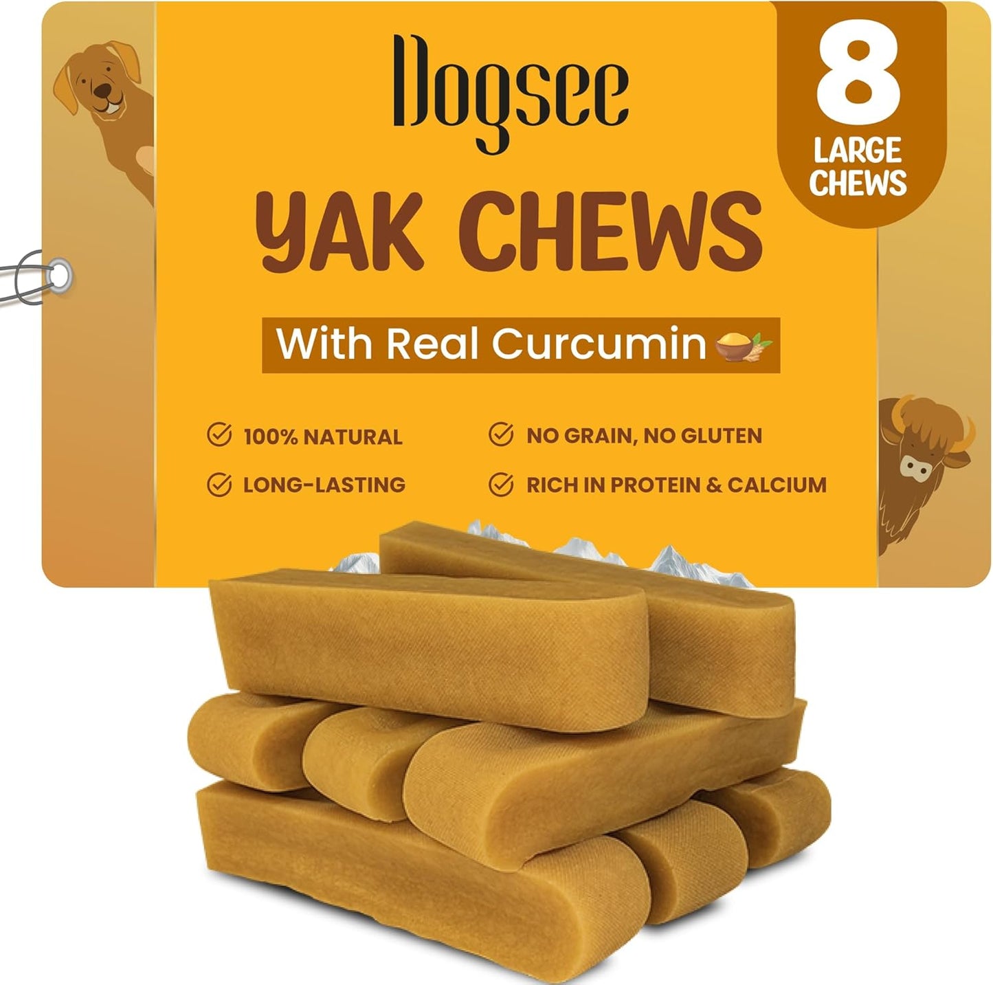 Dogsee Himalayan Yak Cheese Dog Chews with Turmeric/Curcumin 2lb (Large - 8 Chews) | Dog Treats Healthy | Hip & Joint Health Support for Dogs | Long Lasting Dental Treats
