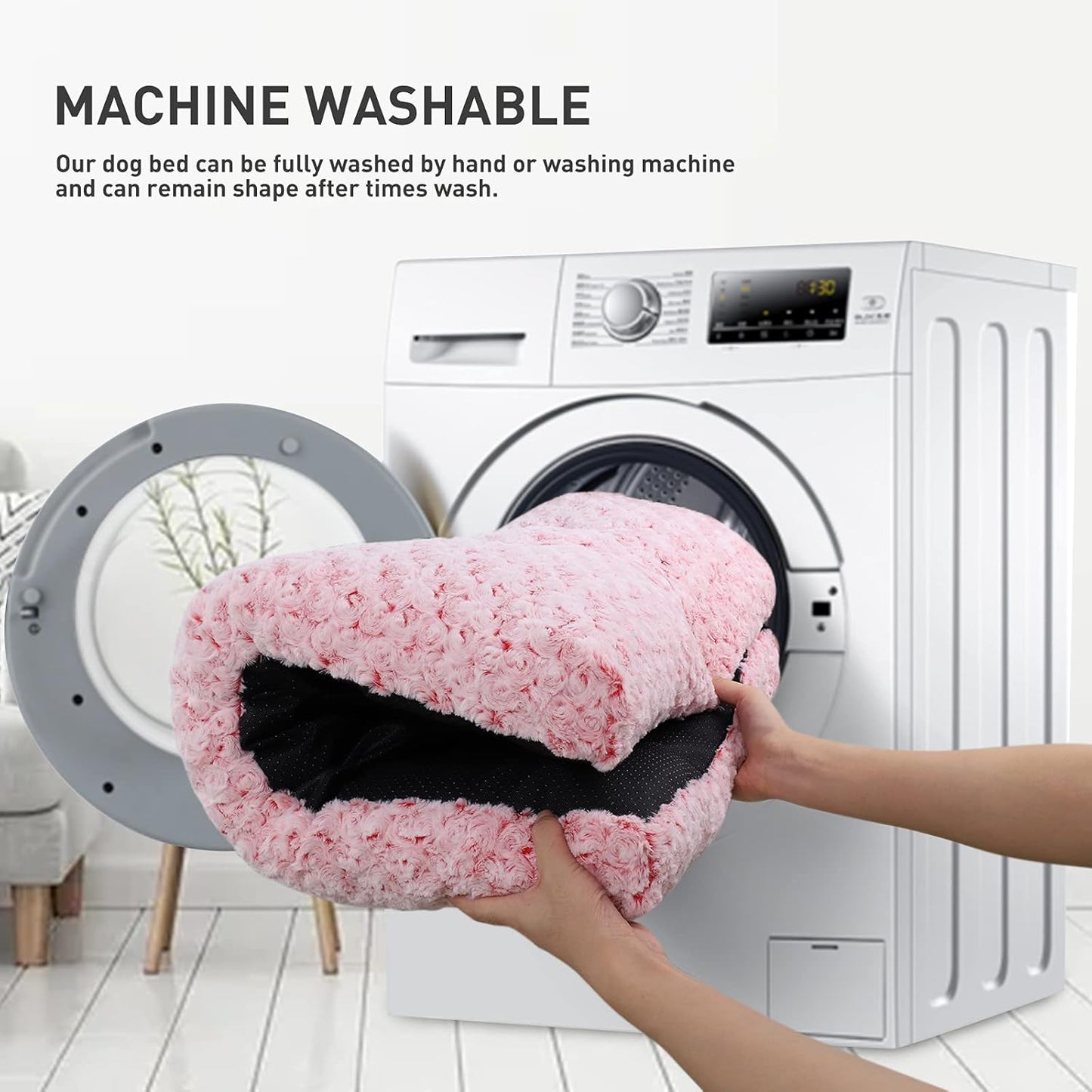 KSIIA Washable Dog Bed Deluxe Plush Dog Crate Beds Comfy Kennel Pad Anti-Slip Pet Sleeping Mat for Large, Jumbo, Medium, Small Dogs Breeds, 35" x 23", Pink