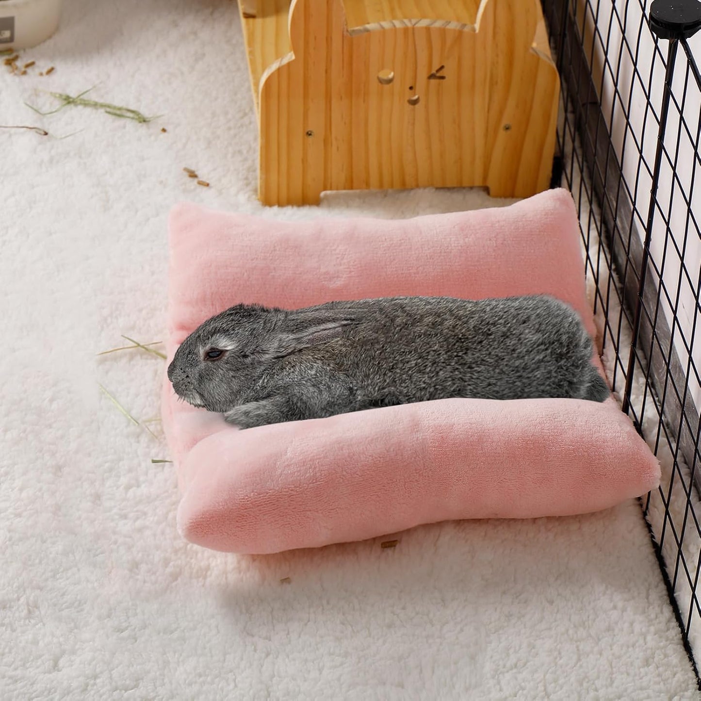 MEWTOGO 13 x 14In Rabbit Bed, Thickened Soft Snuggle Bunny Bed, Cuddle Cushion Plush Mat with Cotton Lounger Pillows, Small Pet Flop Mat for Cage Sleeping Indoor, Pink