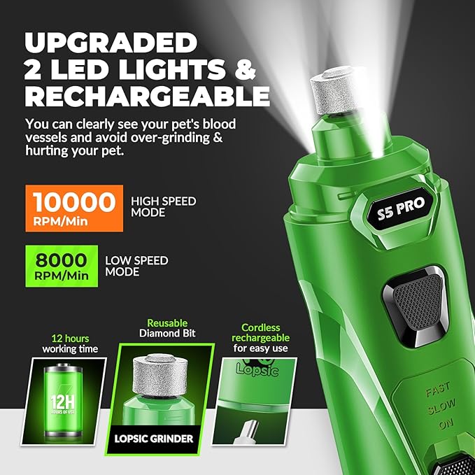 Dog Nail Grinder with 2 LED Lights Powerful 2 Speeds Super Quiet Dog Nail Trimmers with 3 Grinding Wheels Rechargeable Pet Dog Nail Clippers for Large Medium Puppy Dogs Dog Nail File Cat Nail Clipper