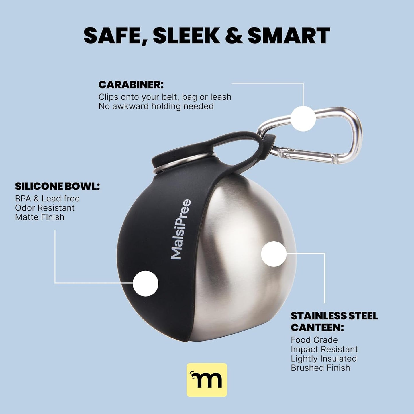 Malsipree 2-in-1 Portable Dog Water Bottle & Bowl for Small Dogs - Leak Proof & Insulating - Travel Water Dispenser - Stainless Steel Bottle & Silicone Bowl - Walking & Hiking (10 fl oz, Black)