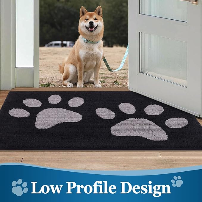 Buganda Dog Door Mat for Muddy Paws, Absorbent Dirt Trapper Washable Indoor Doormats, Non Slip Low-Profile Mud Mat for Dogs, Front Entrance Doormat for Inside Floor (40x32 Inches, Black and Grey)