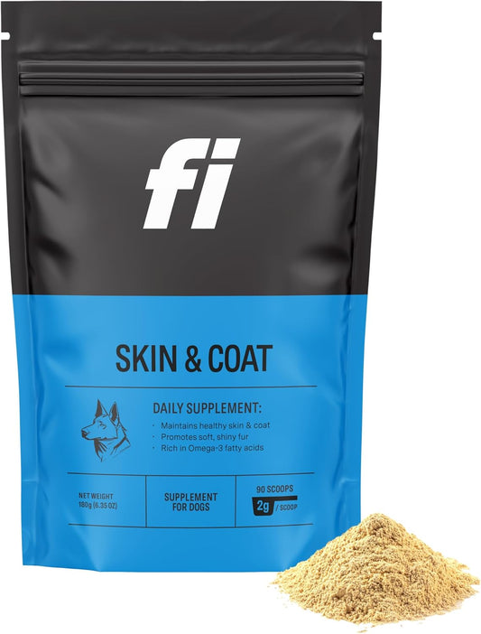 Fi Dog Supplements - Skin & Coat Powder Food Topper | Supports Healthy Skin & Shiny Fur | Omega-3 Fish Oil, Biotin & Zinc | Vet-Formulated Coat Defense Powder for Dogs | 90 Scoops