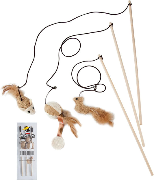 Cat Teaser Cat Kitten Toys Set Natural Sisal Wand Teasers with Mouse, Bell, Feather, Elastic String, and Sturdy Wood Rod
